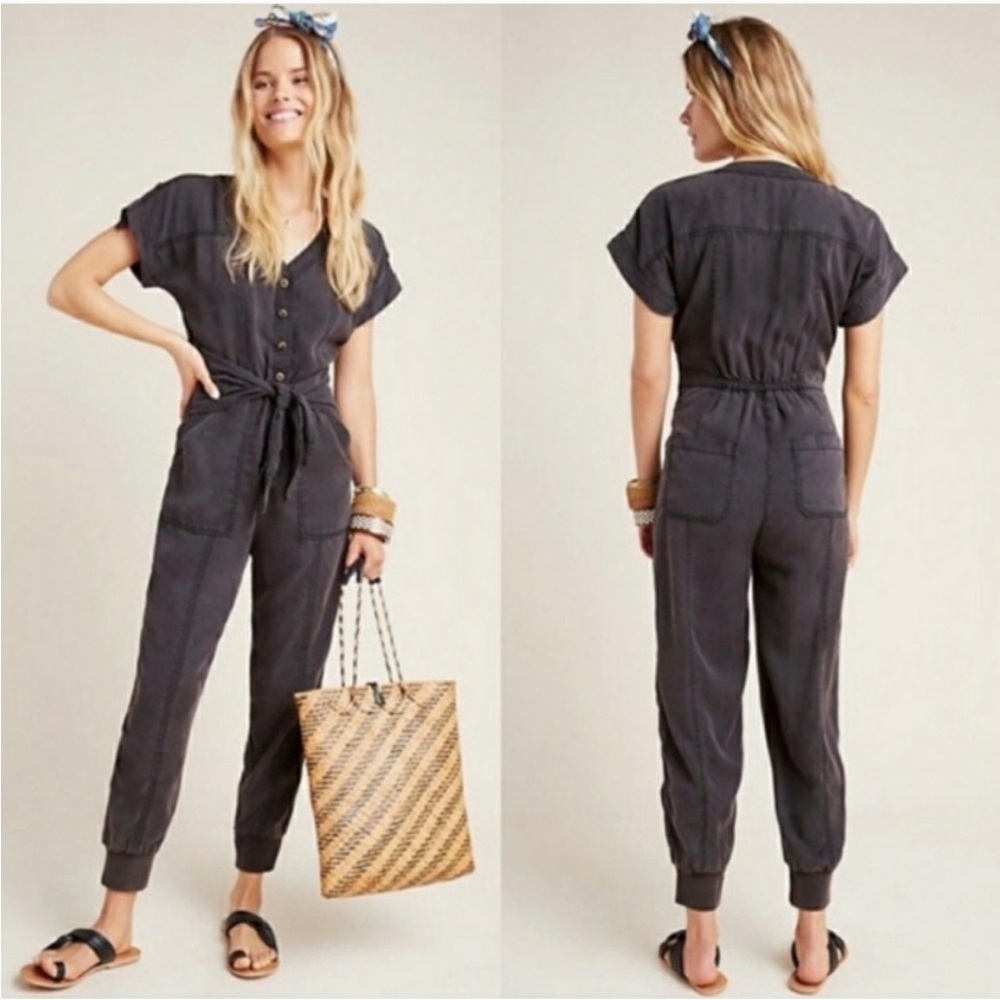 Anthropologie Huxley Utility Jogger Jumpsuit Gray Tie Waist Cargo | Size 0